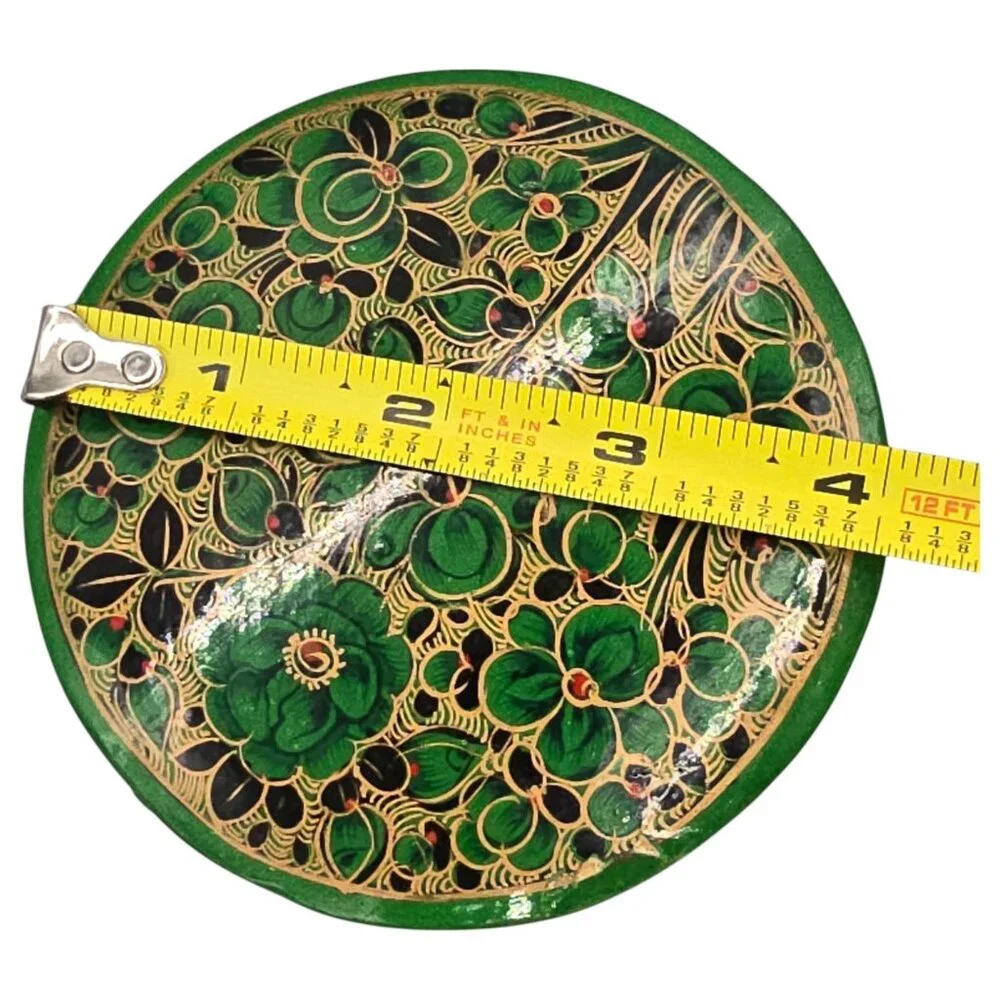 Paper Mache Green Floral Coaster Set Of 6 Storage Box Lacquered‎ Hand Painted